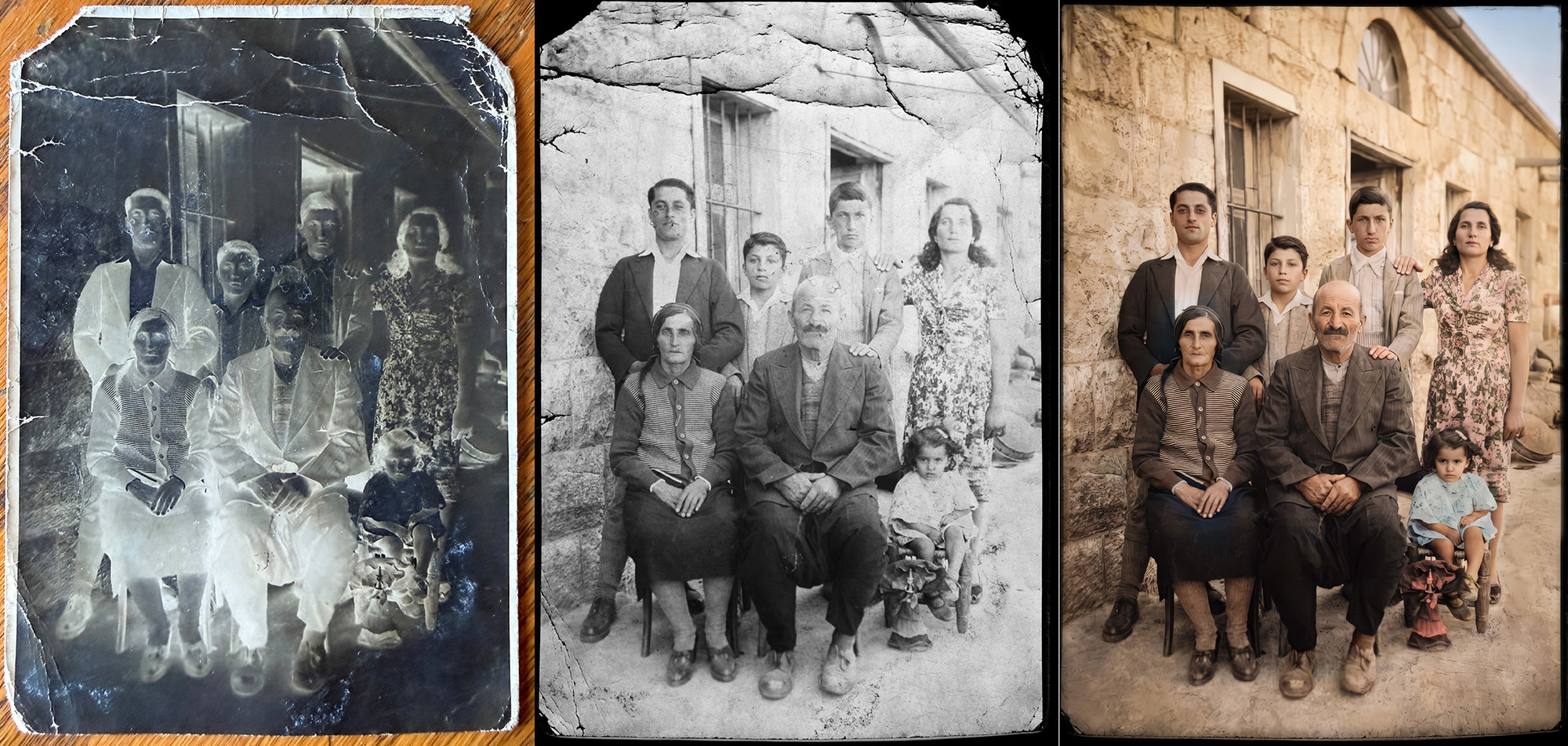 Three instances of one moment, original (left) by unknown photographer circa 1946, restoration dated 2003 and 2026 by Richard Saad