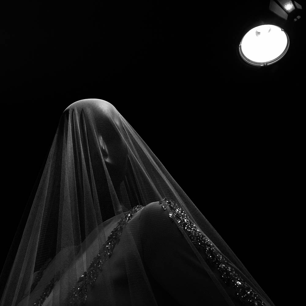 A figure under a sheer embroidered veil, lit by a single spotlight in the dark.